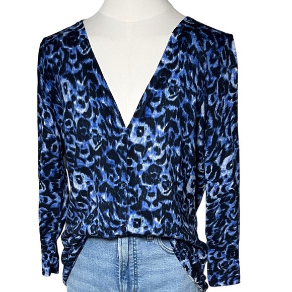 Talbots Sweaters - Merino Wool Leopard Cardigan Talbots Blue Black Animal Print Classic Women L